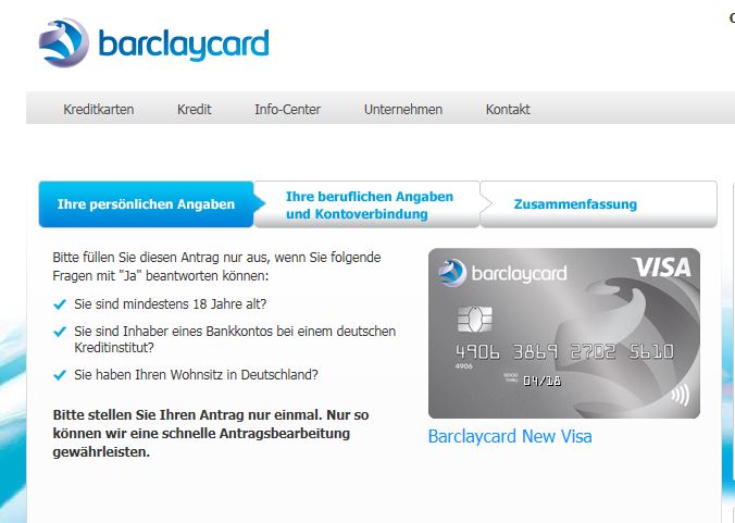 Anmeldung für die Barclaycard New Visa