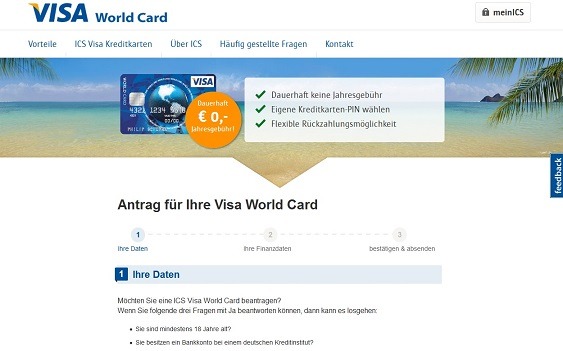 Ansicht des VISA World Card-Antrags