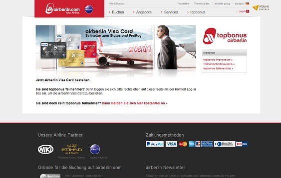 Login mit den topbonus Zugangsdaten, um die AirBerlin Kreditkarte zu bestellen