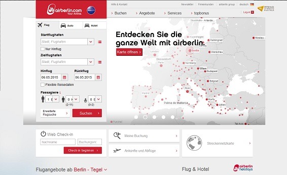 Ansicht der offiziellen Webseite der Fluggesellschaft AirBerlin