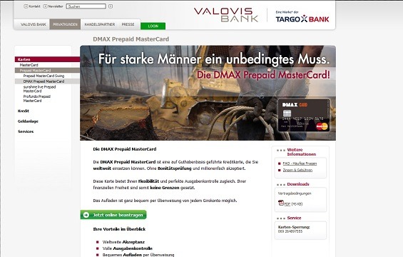 Die DMAX Prepaid MasterCard wird von der Valovis Bank bereitgestellt