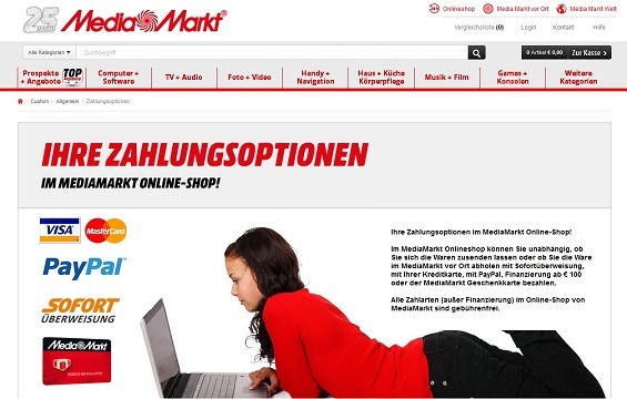 Offizielle Webseite zu den Zahlungsmöglichkeiten bei Media Markt