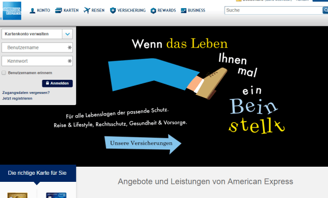 Blick auf Webseite von American Express Deutschland