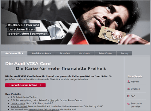 Die Informationsseite der Audi Visa Card.