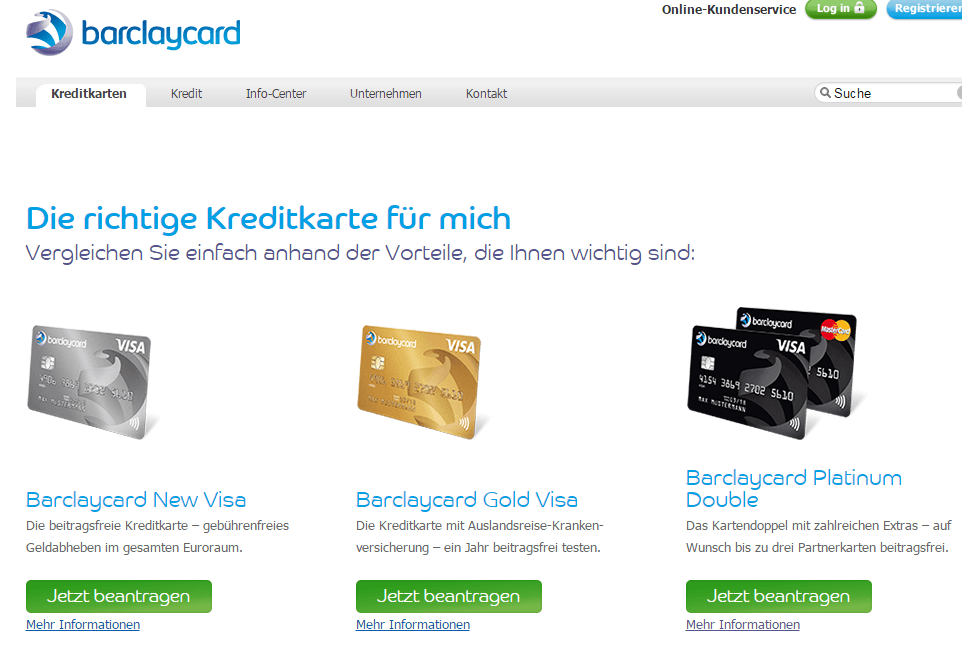 Blick auf die Webseite von Barclaycard