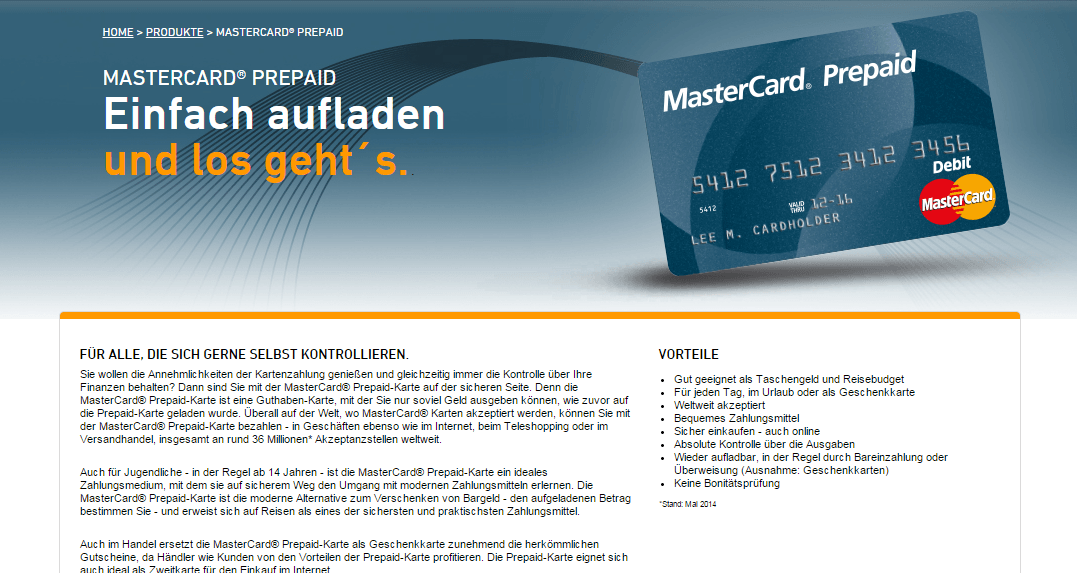 Blick auf ein Angebot von MasterCard – die MasterCard-Prepaid