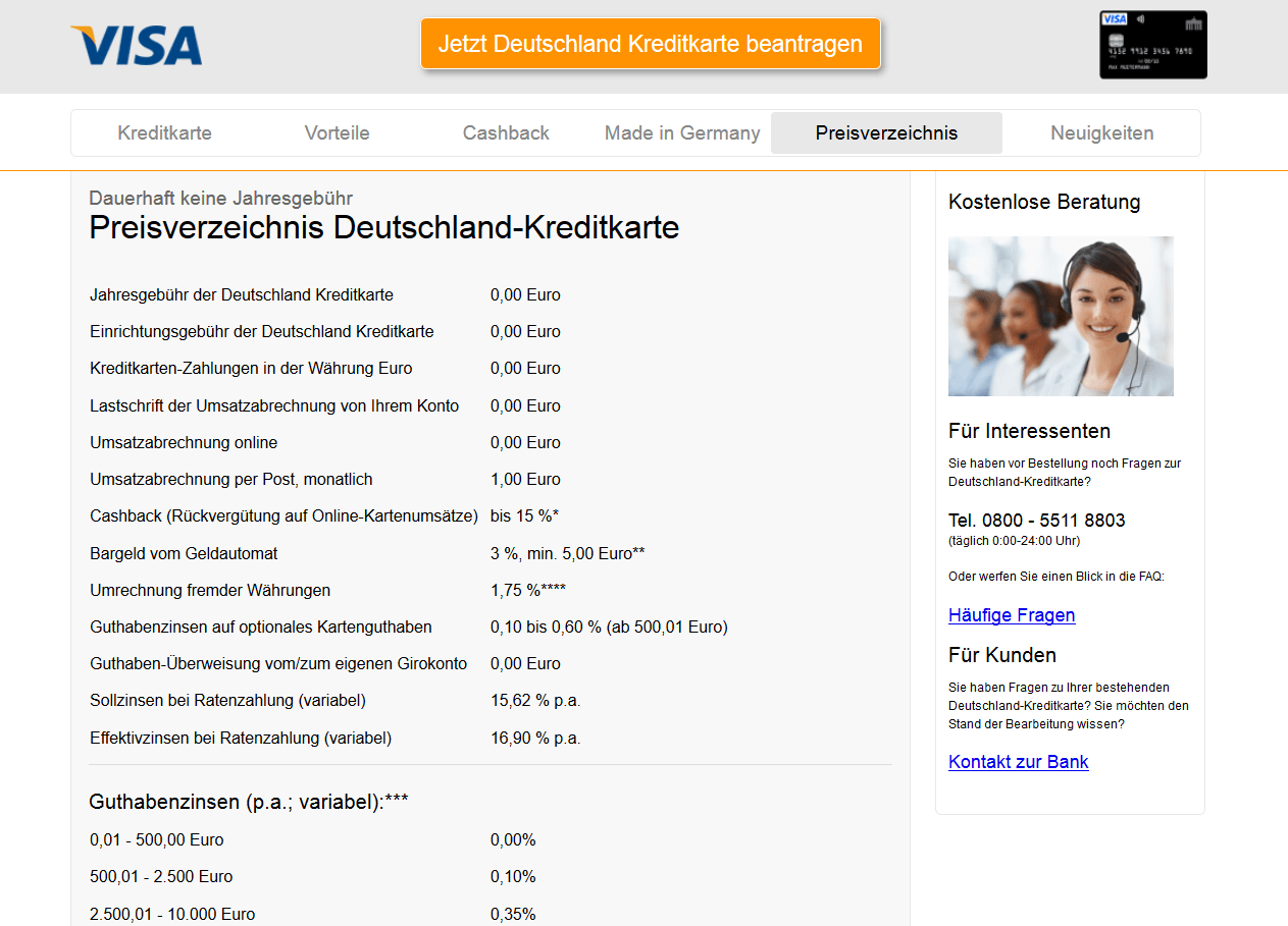 Konditionen im Preisverzeichnis der Deutschland-Kreditkarte