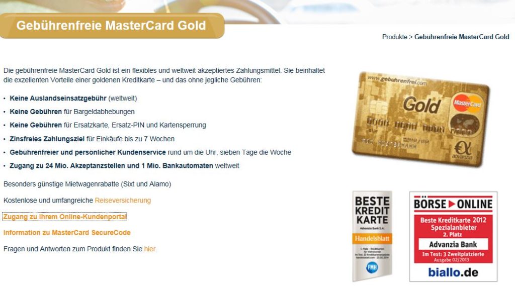 Top Anbot für eine Goldene Kreditkarte bei der Advanzia 