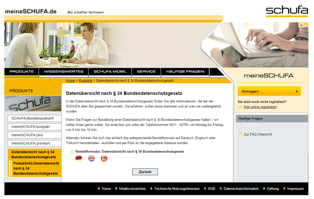 Die kostenlose Schufa-Auskunft nach § 34 Bundesdatenschutzgesetz Alt-Tag: Die Homepage der Schufa