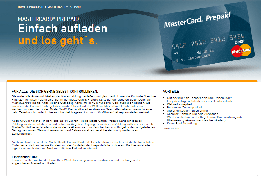 Auf seiner Webseite informiert MasterCard über Prepaid Karten und Herausgeber