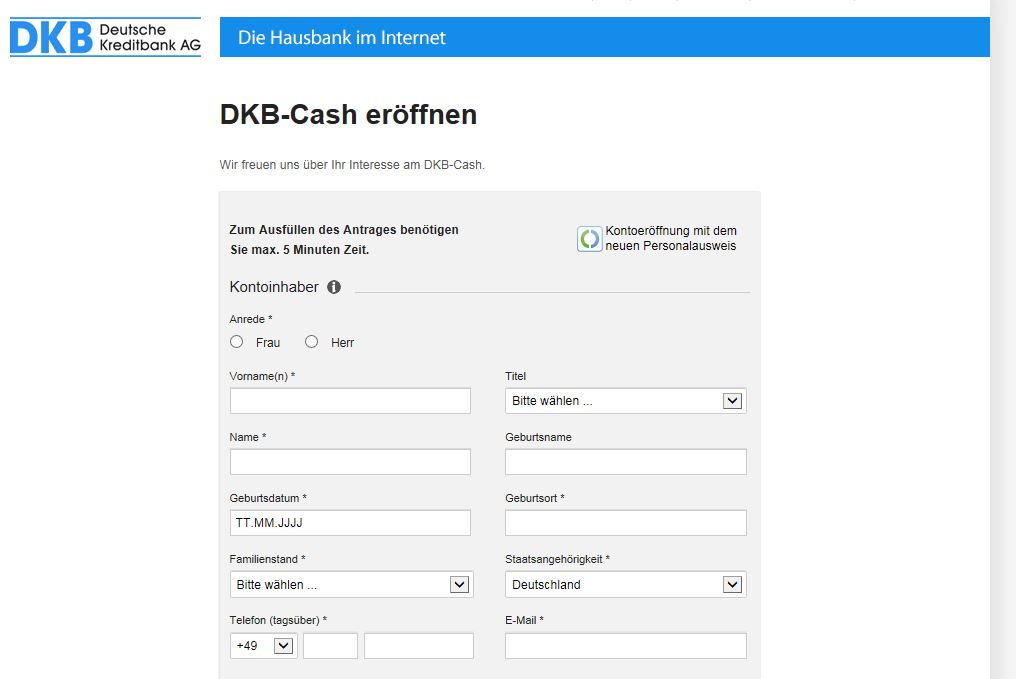 Anmeldung für DKB-Cash inklusive VisaCard