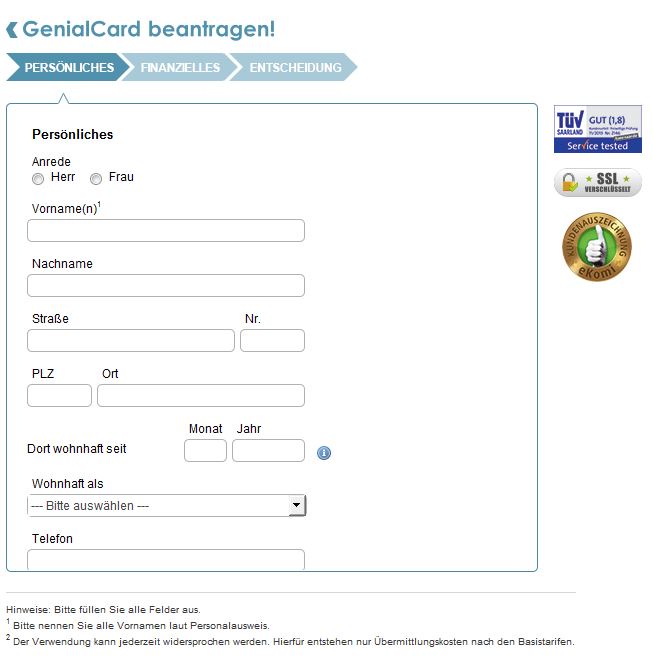 Anmeldeformular Genial Card von der Hanseatic Bank