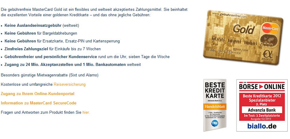 Angebot im Überblick Master Card Gold der Advanzia Bank