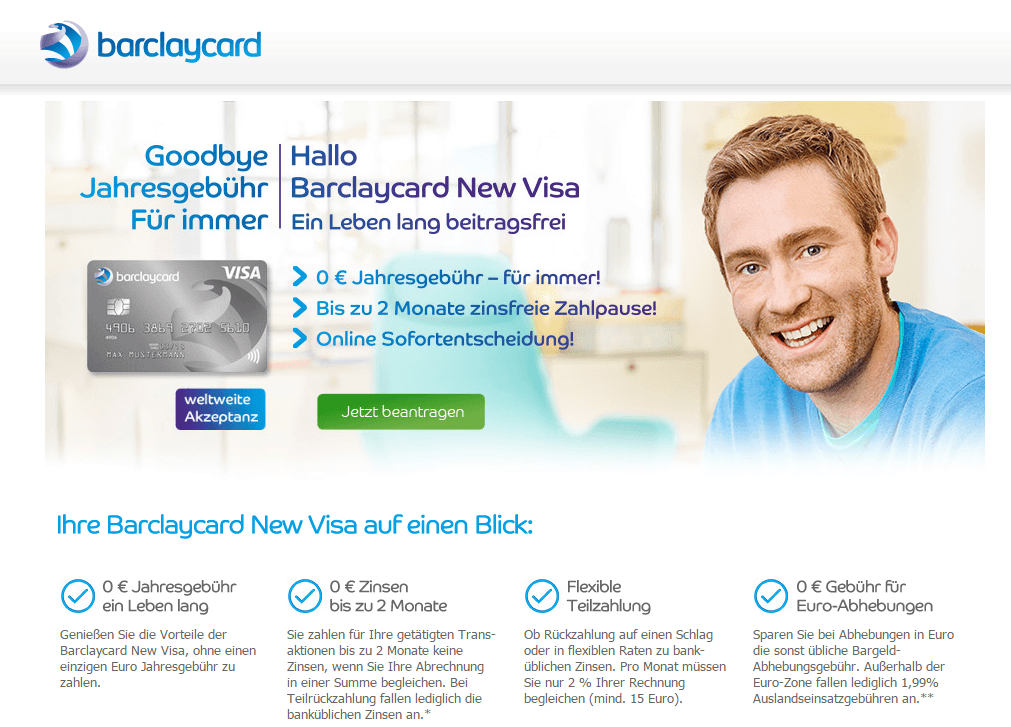 Blick auf die Webseite von Barclaycard und einem Angebot für Revolving Kreditkarten