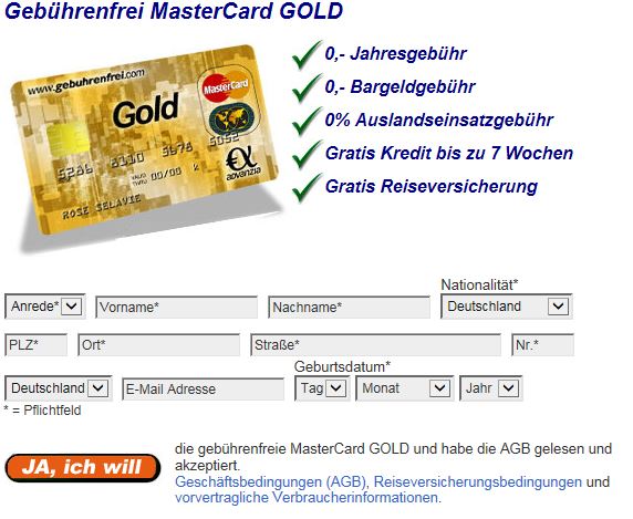 Anmeldefenster MasterCard bei gebührenfrei.com