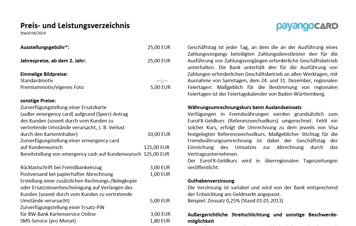 Das Preis- und Leistungsverzeichnis von Payango