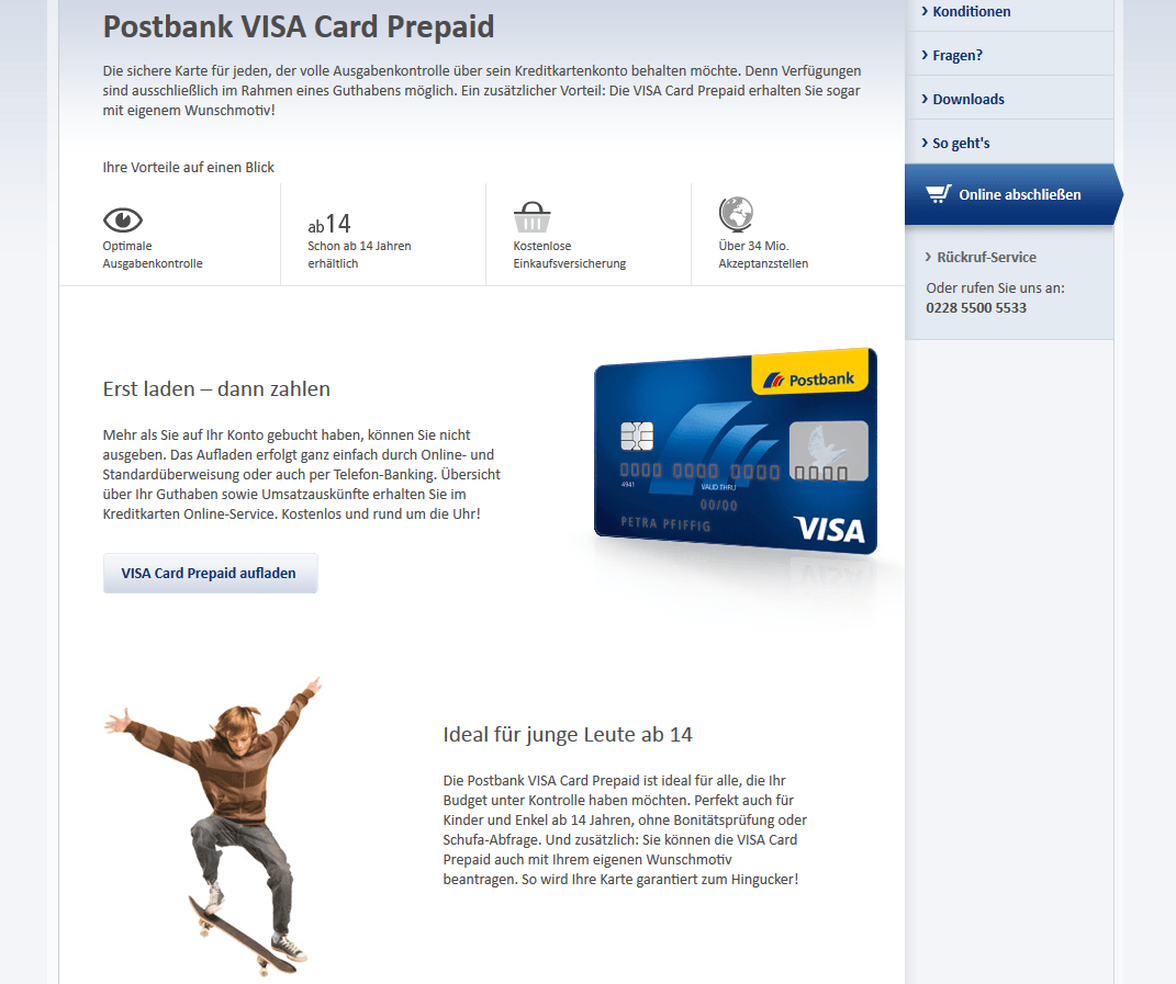 Auch eine Prepaid-VISA-Card für Jugendliche ab 14 Jahren wird von der Postbank ausgestellt