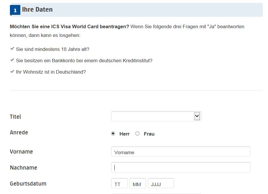 Anmeldefenster für die ICS Visa Kreditkarte