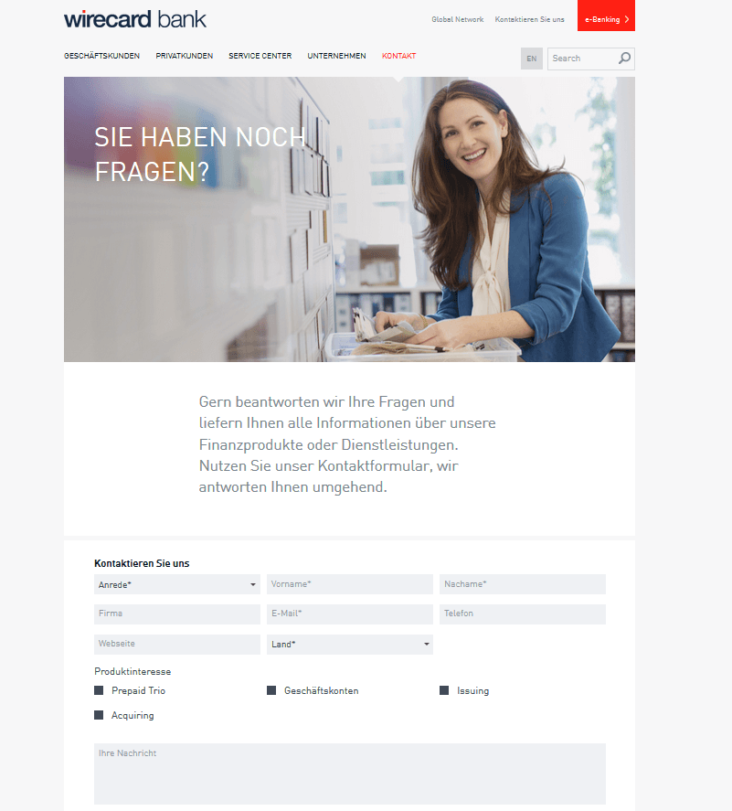 Das Kontaktformular bei der Wirecard Bank