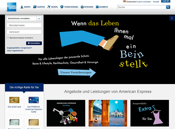 Die Webseite von American Express