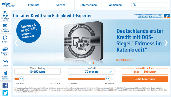 Die Homepage von easyCredit mit dem DQS -Siegel