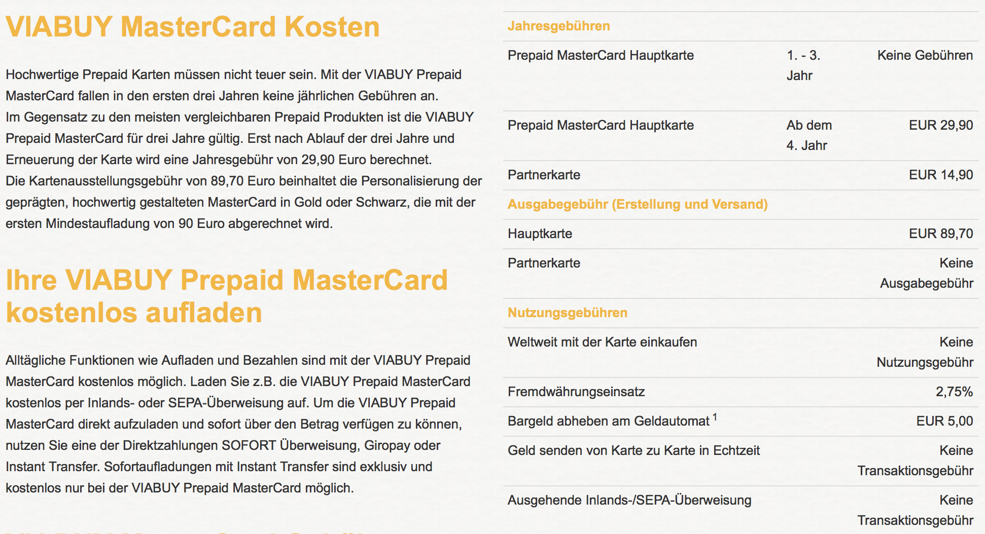 VIABUY MasterCard Kostenübersicht