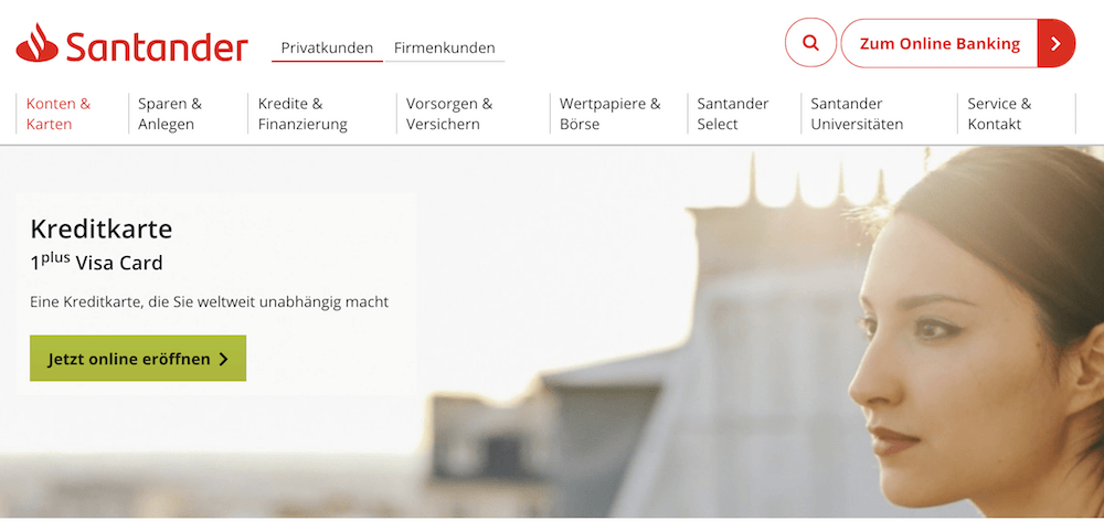 Sanander 1plus Visa Card Webseite